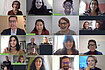 Video feeds of smiling faculty and staff members in a 4x4 grid