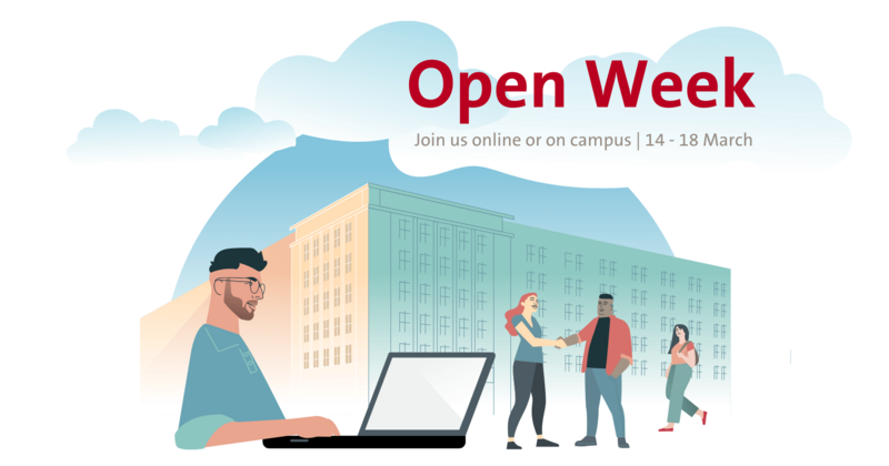Illustration of four students, one of whom has a laptop, in front of the Hertie School building. Text reads "Open Week: Join us online or on campus | 14-18 March"