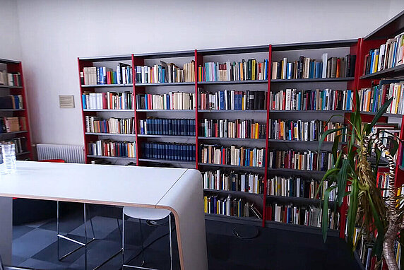 Room with walls lined with red bookshelves filled with books. In the foreground: a white table with chairs and a green palm plant.