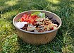 A colourful chicken burrito bowl is placed on bright green grass.