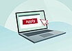 Illustration of large red cursor hovering over a red "Apply" button on a laptop screen.