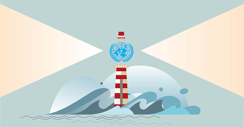 An illustration of a red and white-striped lighthouse beaming yellow light with the United Nations logo at the gallery. Turbulent waves are below.