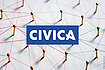 CIVICA's blue and white logo on top of a close-up photo of pins interconnected by string.