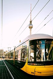 Tram at Alexanderplatz in front of Berlin's TV tower (Fernsehturm)