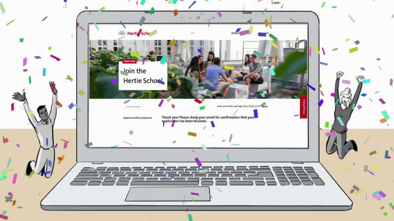Illustration of a laptop screen showing the Hertie School application portal submission page. Two miniature people are jumping for joy as confetti falls.