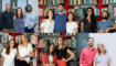 A collage of different photos of Student Life team members -- some standing in front of red bookshelves filled with books, others standing in front of a blue wall and big windows on the Hertie School terrace.
