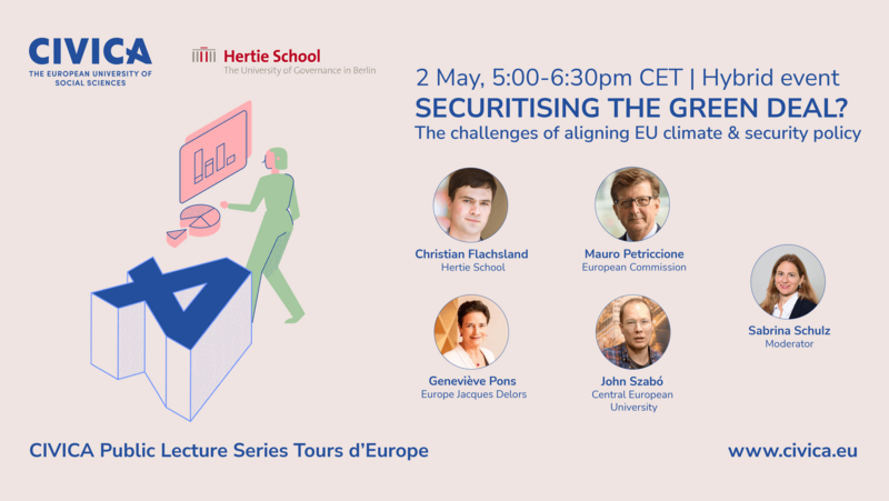 A CIVICA event image advertising the talk on EU climate policy "Securitising the Green New Deal".